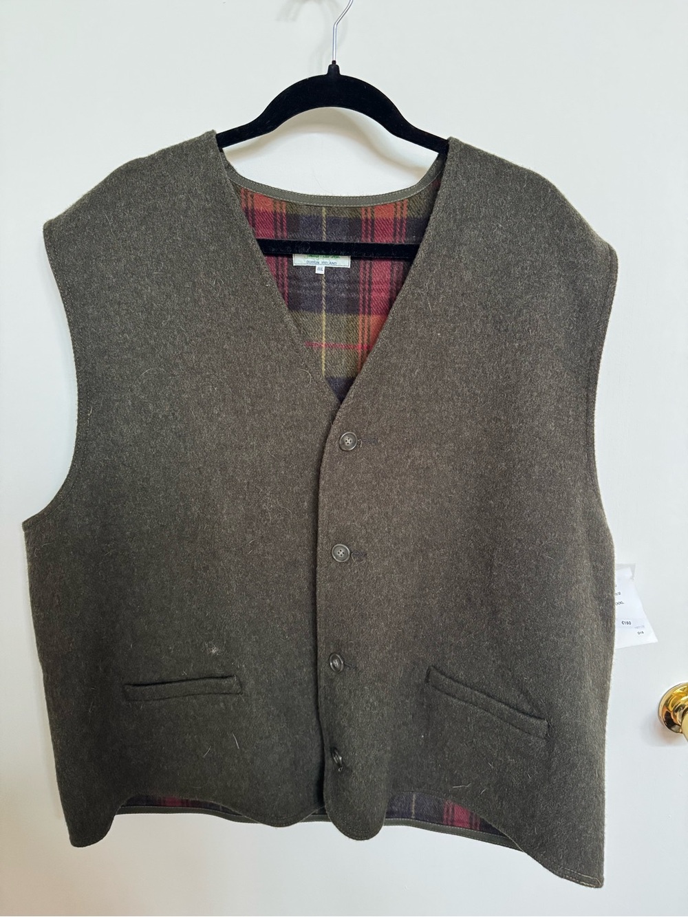 Jimmy Hourihan Men's Olive Wool Vest with Plaid Lining